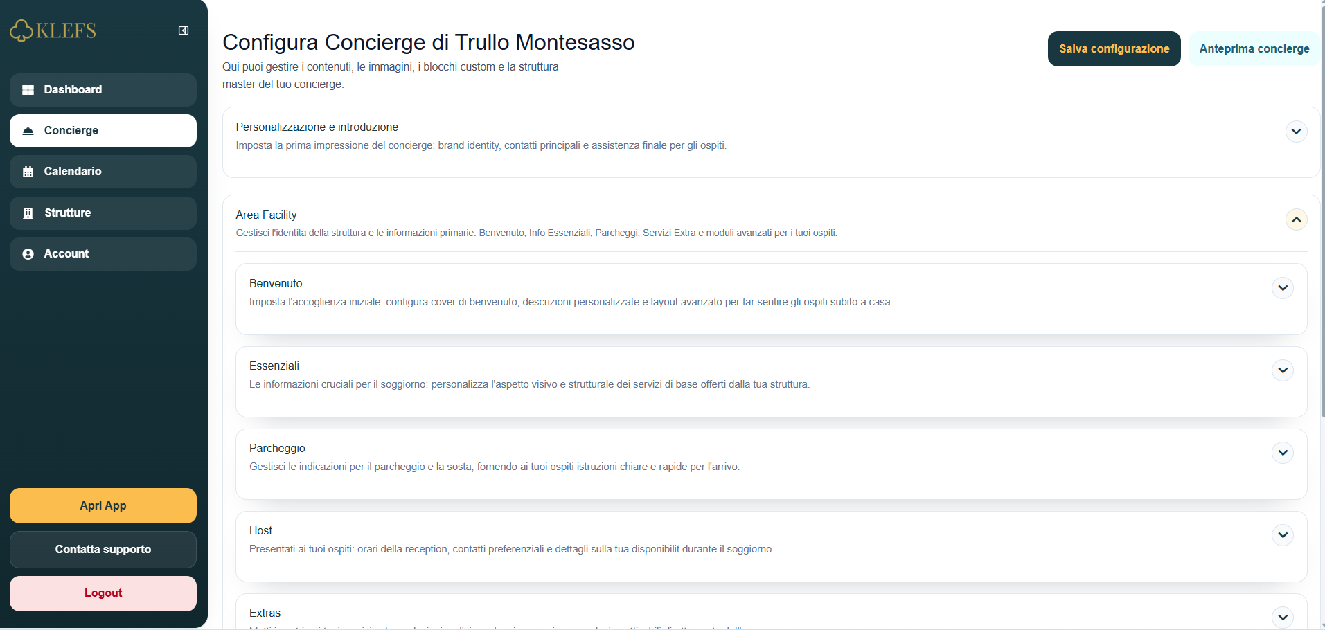 Dashboard Klefs per configurare concierge digitali
